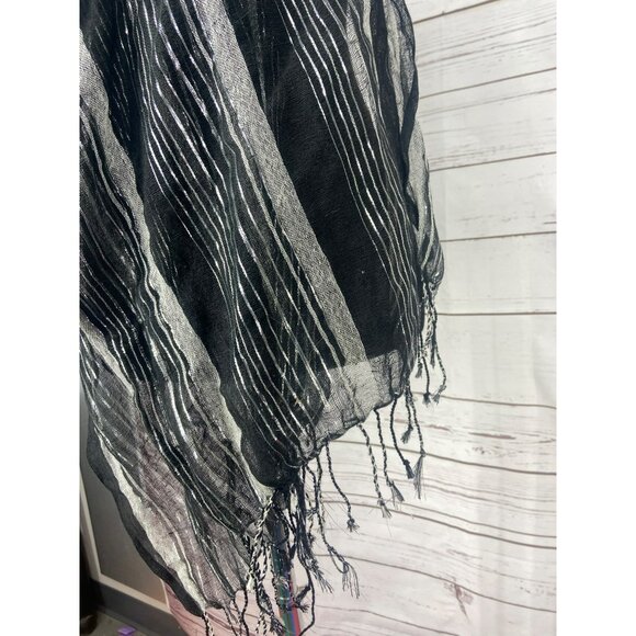 Lightweight Black & Silver Striped Sheer Scarf With Fringe Edge - Picture 5 of 5